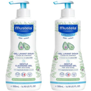 Mustela Baby Gentle Cleansing Gel: Tear-free, ecological formula for baby hair and body wash; contains natural avocado enhanced with vitamin B5. Presented in a pack of two, 500ml