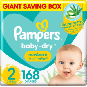 Pampers Baby-Dry Newborn Taped Diapers with Aloe Vera Lotion, up to 100% Leakage Protection, Size 2, 3-8kg, Giant Box, 168 Count