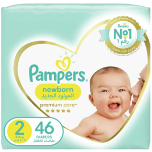 Pampers Premium Care Newborn Taped Diapers, Size 2, 3-8kg, Unique Softest Absorption for Ultimate Skin Protection, 46 Count