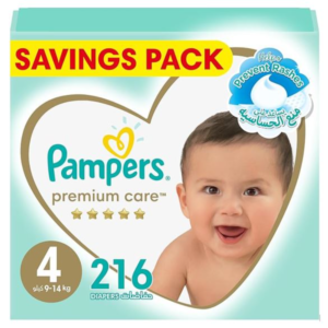 Pampers Premium Care Taped Baby Diapers Size 4, 9-14 kg, Unique Softest Absorption for Ultimate Skin Protection, 216 Count